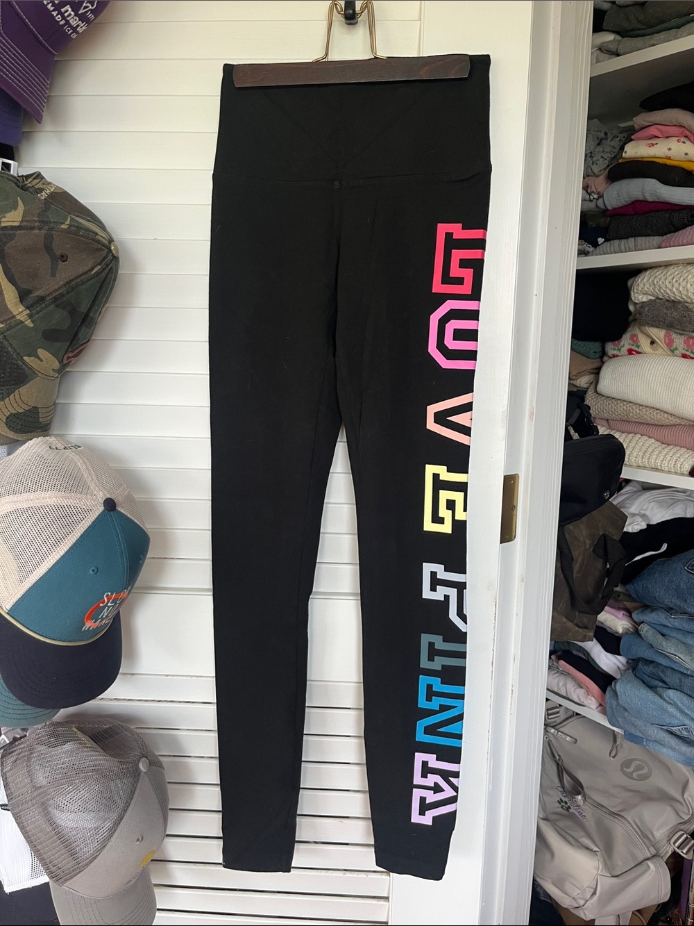 PINK Victoria's Secret Black Leggings with Rainbow Vertical PINK Logo XS